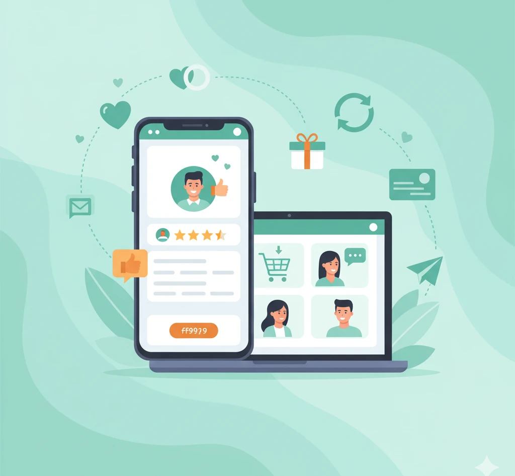 Illustration image of a shopping website and customer review screen